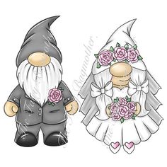 two gnomes dressed up as bride and groom, one wearing a dress with flowers on it