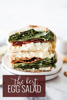 an egg salad sandwich on a white plate with the words, the best egg salad