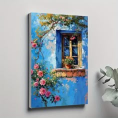 a painting on the wall of a window with flowers and potted plants next to it