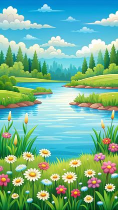 a river with flowers in the foreground and clouds in the sky above it illustration