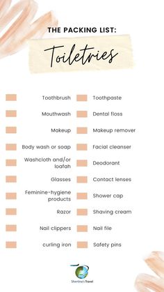 the packing list for toiletries is shown in pink and orange colors with text overlay