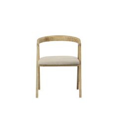 a wooden chair with a beige seat and back rest on a white background in front of a white backdrop