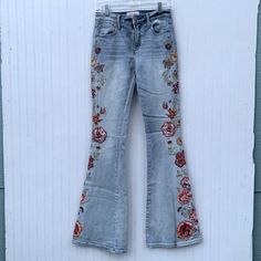 Driftwood Farrah Embroidered Jeans 25 X 34. In Good Preloved Condition. Flares With Frayed Edge. Festival Gear. Concert Or Beach Ready. Gypsy. Hippie. Bohemian. Flower Power. Very Romantic. Free Spirit. Bohemian Flower, Festival Gear, Painted Jeans, Closet Needs, Beach Ready, Embroidered Jeans, Hippie Bohemian, Free Spirit, Orange Red