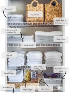 an organized closet with white linens, baskets and other items labeled on the shelves