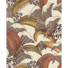 an artistic wallpaper design with leaves and flowers on beige, pink, orange and black colors