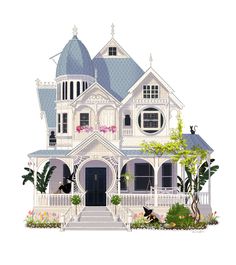 a white house with a blue roof and some plants in the front yard, on a white background