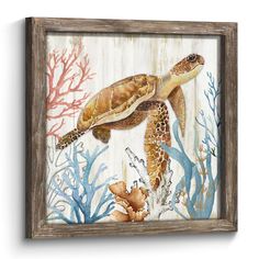 a painting of a sea turtle swimming in the ocean with corals and other marine life