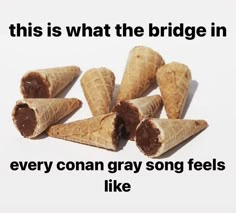 there are seven cones of food with words on them that say, this is what the bridge in every conan gray song feels like