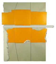 an orange piece of paper is taped to the side of a wall with torn edges