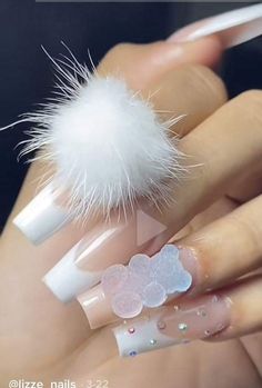 Nails W Pom Pom, Pom Pom Acrylic Nails, Nails With Fluffy Ball, Pom Pom Nail Design, Puff Ball Nails, Nails With Pom Poms, Pompom Nails, Pom Pom Nails, Fur Nails