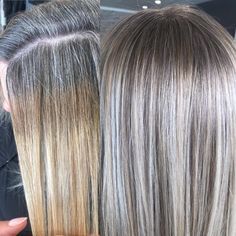 Line Of Demarcation Hair, Platinový Blond, Gray Hair Ideas, Gray Blending, Grey Blending, Grey Hair Transformation, Silver Blonde Hair, Grey Blonde, Gorgeous Gray Hair