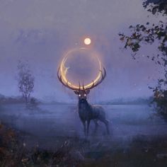 a deer standing in the middle of a field with a full moon behind it,