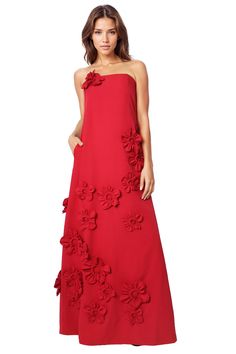 Strapless Floral Appliqué A-Line Crepe Gown Red And Pink Formal Dress, Pink Formal Dress, Pear Shapes, Dramatic Silhouette, Crepe Gown, Pink Formal Dresses, Beaded Chiffon, Pregnancy Style, Column Gown