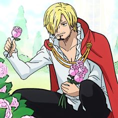 a man with blonde hair wearing a red cape and holding flowers in front of him