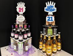 two birthday cakes made to look like liquor bottles and numbers on display in front of each other