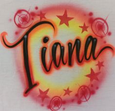 the word lana written in black and red ink on a white t - shirt with stars