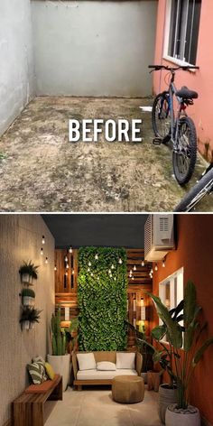 before and after photos of an outdoor living room with plants growing on the wall, then in