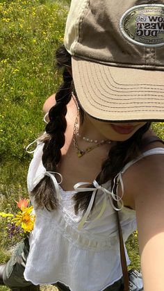 Braids Hairstyles How To Do, Baseball Cap And Braids, Photos With Flowers Instagram, Camp Makeup Looks, Two Braids Aesthetic, Hairstyles For Camp, Camp Counselor Hairstyles, Camping Hairstyles Easy, Farm Hairstyles