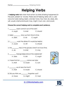 the worksheet for helping verbs is shown with an image of a person