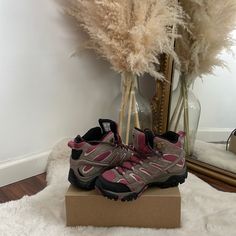 Size 7 And Worn Once Pink Hiking Boots, Lace-up Moto Boots With Reinforced Toe For Hiking, Lace-up Hiking Boots With Removable Insole, Lace-up Hiking Boots With Protective Metal Feet, Mid-top Hiking Boots With Rubber Sole, Waterproof Hiking Boots, Lace Up Boots, Hiking Boots, Shoe Laces