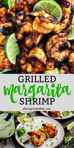 grilled margarita shrimp with lime wedges and cilantro sauce on the side