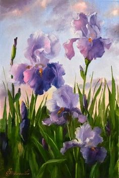 an oil painting of purple flowers in the grass