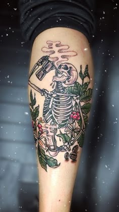 Tattoo Inspiration Spooky Themed Tattoo Sleeve, American Traditional Skeleton Tattoo, Whimsical Tattoo Sleeve, Spooky Floral Tattoo, Oddities Tattoo, Traditional American Tattoo, Gardening Tattoo, Chest Tattoo Ideas, Cool Shoulder Tattoos