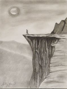 a pencil drawing of a man standing on top of a cliff with the moon in the background