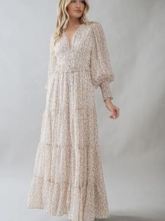 Variant: Large Maxi Dress Family Photos Fall, Feminine Fitted Maxi Dress For Fall, Chic Long Sleeve Maxi Dress For Garden Party, Flowy Feminine Maxi Dress For Fall, Feminine Flowy Maxi Dress For Fall, Feminine Fall Maxi Dress For Casual Occasions, Casual Feminine Fall Maxi Dress, Chic Cream Maxi Dress With Floral Print, Elegant Fall Maxi Dress For Garden Party