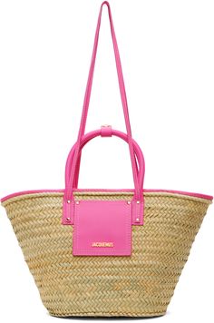 Hand-woven palm leaf and buffed leather tote in beige and pink. · Press-stud tab at rolled carry handles · Fixed crossbody straps · Patch pocket and logo hardware at face · Lanyard-clasp closure · Unlined · Logo-engraved gold-tone hardware · H11.5 x W20 x D6.5 Supplier color: Neon pink Jacquemus Bags, Gift Wishlist, Beige And Pink, Jacquemus Bag, Summer Purses, Straw Tote Bag, Pink Body, Straw Bags, Straw Tote