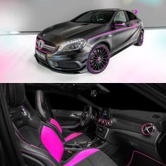 the interior and dashboard of a car with pink accents