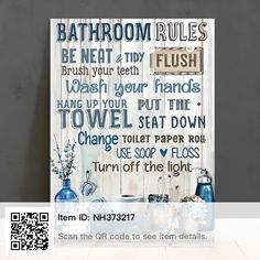 a bathroom rules sign on the wall next to a toilet paper roll and vases