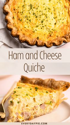 ham and cheese quiche on a white plate