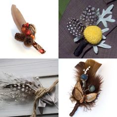 four different types of flowers and feathers are shown in this collage, including brooches