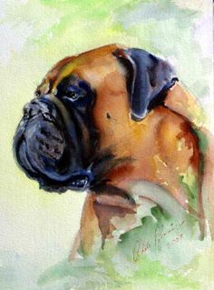 a watercolor painting of a brown dog with black nose and head looking to the side