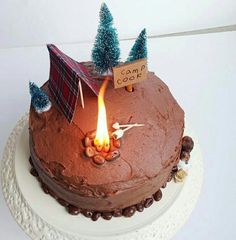 there is a cake that has been decorated with trees and a camp sign on it