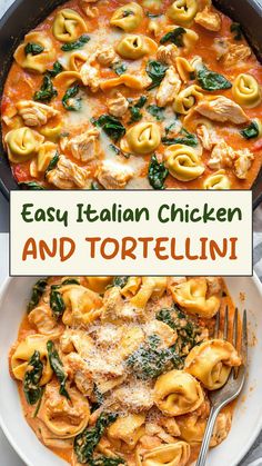 an easy italian chicken and tortelli dish in a skillet with spinach