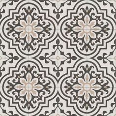 an ornate tile design in grey and white with brown accents on the border, as well as