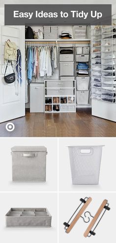 an organized closet with clothes, shoes and other items to use in the closet for storage