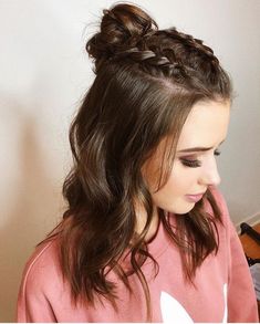 Easy Hairstyles for Meduim Length Hair For This Season#hair#hairstyles#hairstylesformediumlengthhair#easyhairstyles#curlyhair Braided Bun Hairstyles Half Up Half Down, Two Braids Into A Bun Half Up Half Down, Short Hair Hairstyles Homecoming, Braided Half Back Hairstyles, Prom Hairstyles Shoulder Length Curls, Meduim Length Hair, Braided Half Up Half Down Hair, Half Braided Hairstyles, Jess Conte