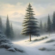 a painting of snow covered pine trees in the mountains