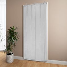 a room with a potted plant next to a tall white sliding door in the corner