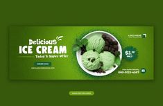 a green banner with ice cream in a bowl and chocolate chips on the side for delicious desserts