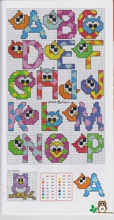 a cross stitch pattern with letters and numbers in the shape of animals, birds, and flowers