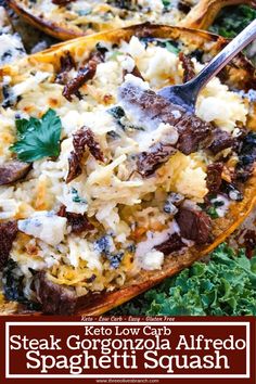 steak and gorgonzola alfredo spaghetti squash is served with parmesan cheese