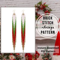 two christmas themed earrings with red, green and gold trimmings on the side