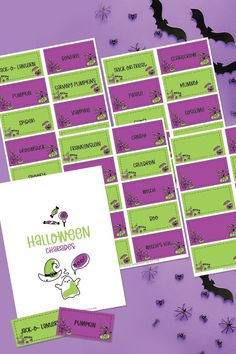 halloween labels with bats on purple and green paper, next to them is a card that says happy halloween