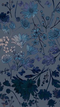 blue flowers and leaves on a gray background