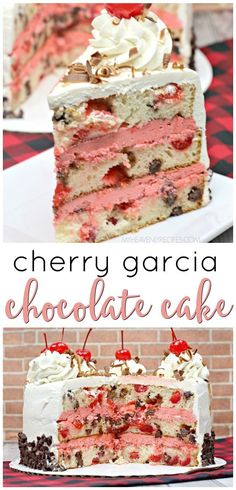 a slice of cherry garcia chocolate cake with white frosting and cherries on top