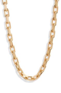 Tie up your ensemble with this high-polish chain necklace made from chunky, faceted links. 18 3/4" length Fold-over clasp Goldtone or silvertone plate Imported Formal Toggle Necklace With Chunky Link Chain, Chic Formal Chain Necklace With Lobster Clasp, Chic Chain Link Necklace With Lobster Clasp, Yellow Gold Hallmarked Chain Link Necklace, Luxury Gold-tone Tarnish-resistant Chain Necklace, Luxury Gold-tone Polished Chain Necklace, Luxury 14k Gold Tarnish-resistant Chain Necklace, Gold-tone Polished Finish Chain Necklace, Jenny Bird